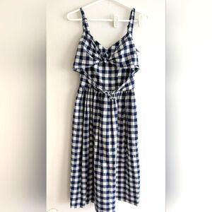 Emily Fin Blue Gingham Luxury Midi Sun Dress Bow Tie Front Preppy Picnic